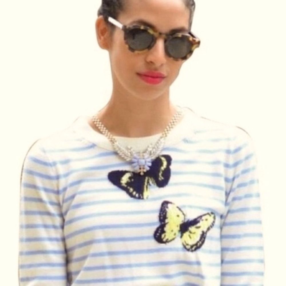J.Crew Merino “Tippi” Wool Ivory Blue Crew Neck Striped Butterflies Sweater • XS
